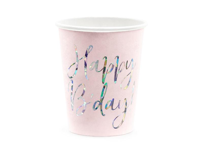 Becher Happy B'day!, hell-puderrosa, 220ml (1 VPE / 6 Stk.) - FeierGlanz
